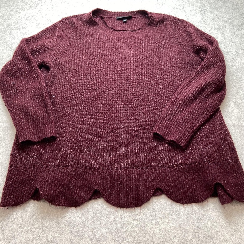 Lane Bryant Sweater Womens 14/16 Maroon Red Glitter Scallop Hem Knit Pullover